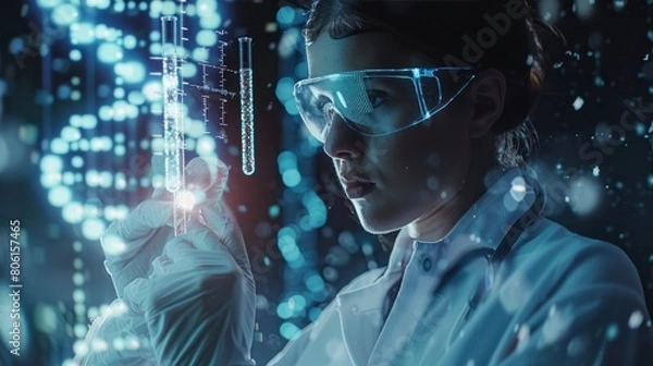 Fototapeta Witness the potential of biotechnology in healthcare with a wide banner hologram showcasing a scientist holding medical testing tubes or vials, leading pharmaceutical research