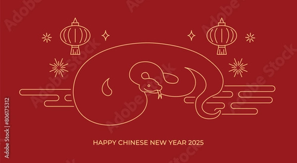 Fototapeta Chinese zodiac snake with lanterns line art greeting card. Happy chinese new year of the snake 2025 line drawing.