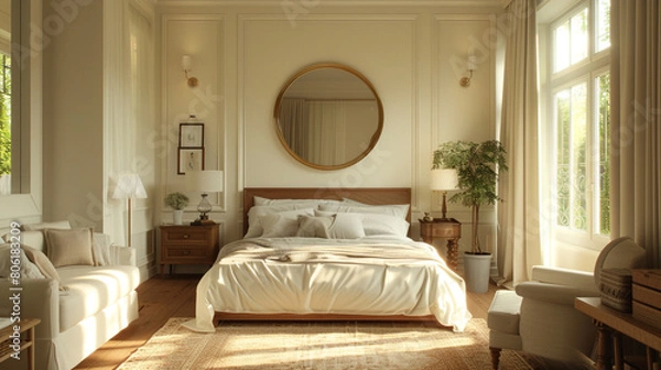 Fototapeta A tranquil bedroom with a neutral color scheme and a single, large wall mirror.