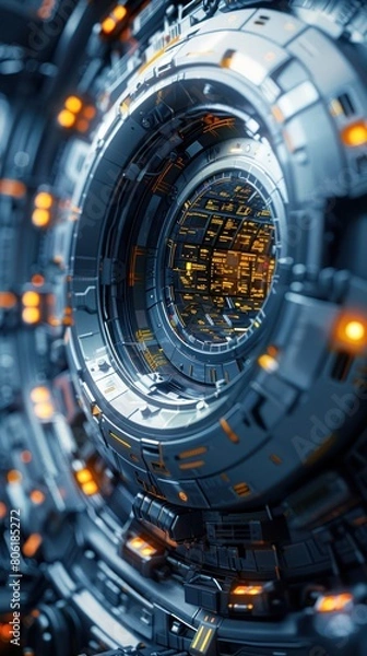 Fototapeta A closeup of a futuristic sci-fi spaceship engine with glowing orange lights