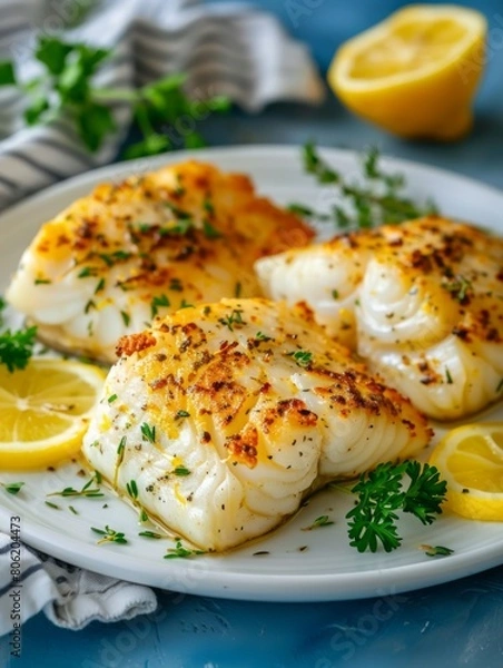 Fototapeta Delicately baked cod fillets, finished with a citrus glaze and garnished with fresh lemon slices and herbs, offering a light and healthy meal.