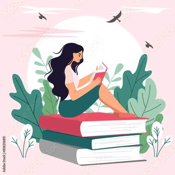 Fototapeta Vector illustration of a girl sitting on books reading a book on a background of plants. Image for the celebration of World Book Day.
