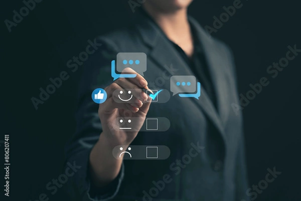 Fototapeta Concept of evaluating satisfaction after receiving service. Customers are estimating their satisfaction after receiving service and making additional recommendations. Evaluating quality and standards.