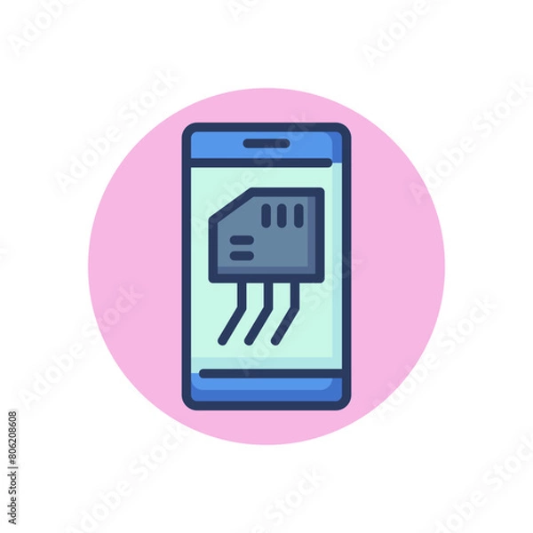 Fototapeta Mobile phone with chip on screen line icon. SIM card, SD card, microchip outline sign. Phone repair, service, breakdown concept. Vector illustration, symbol element for web design