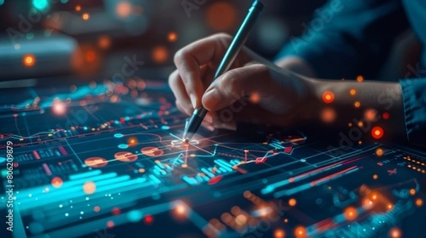 Fototapeta Analyzing global financial growth through interactive digital graphs displayed on a world map, showcasing economic trends and investment opportunities