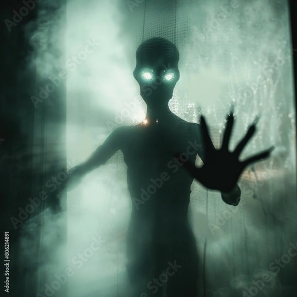 Fototapeta a foggy dark silhouette of an alien with glowing eyes and outstretched hands, fog in the background, fog on glass, blurry, dark, scary, eerie, creepy