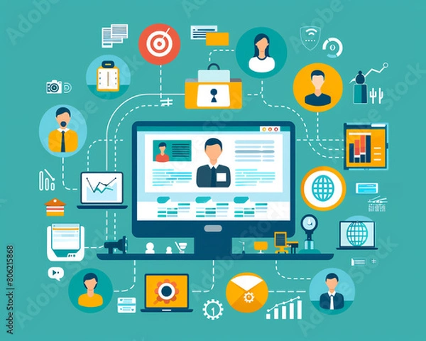Fototapeta Elearning webinar platform focused on business skills training, surrounded by internet technology icons and tools for digital learning