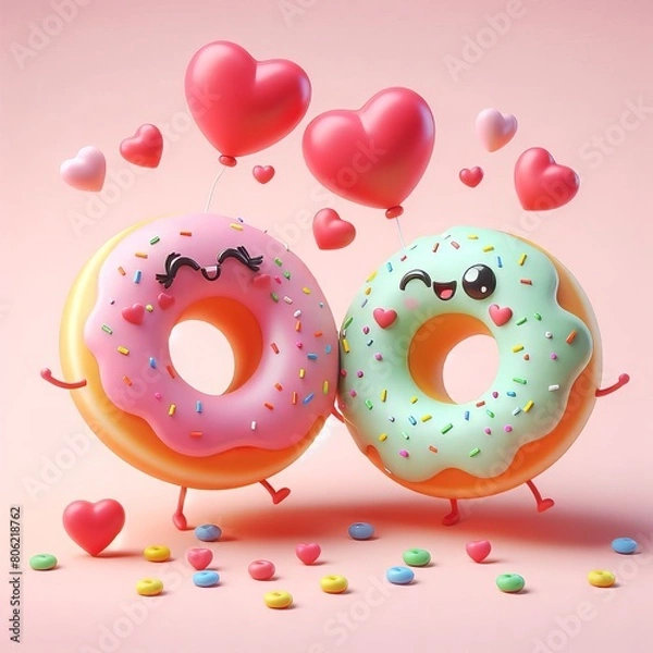 Fototapeta Cute happy couple of donut in love. 3d rendering