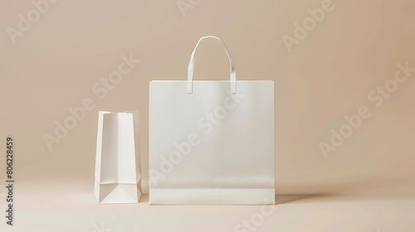 Fototapeta A mock-up of a blank craft package, featuring a white paper shopping bag with handles against a neutral background.