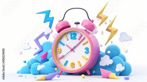 Fototapeta 3D render alarm clock hurry up, ringing watches with flash lightnings. Morning alert, time countdown, last chance sale or deadline concept, Illustration in cartoon plastic style on white background