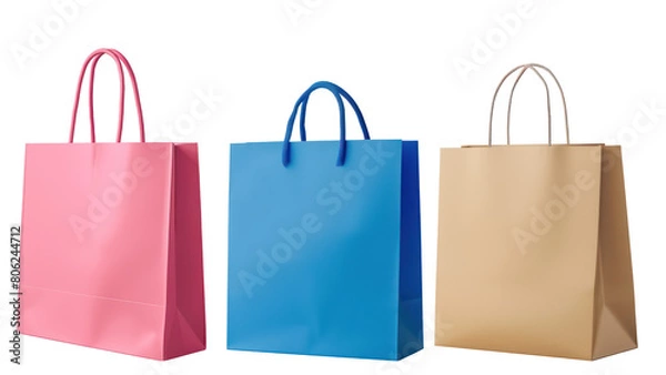 Fototapeta Set of paper shopping bag, PNG file of isolated cut-out object on transparent background, mockup template for the design, Shopping sale delivery concept