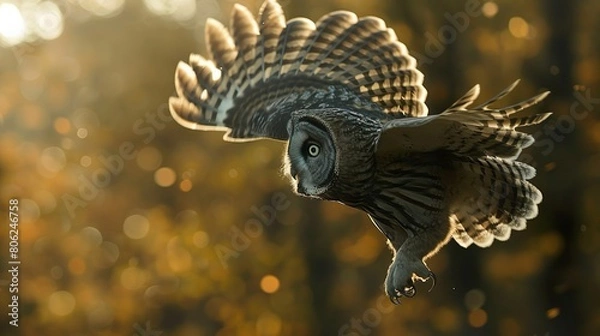 Fototapeta An owl in flight, wings outstretched, captured in mid-air against a blurred background.
