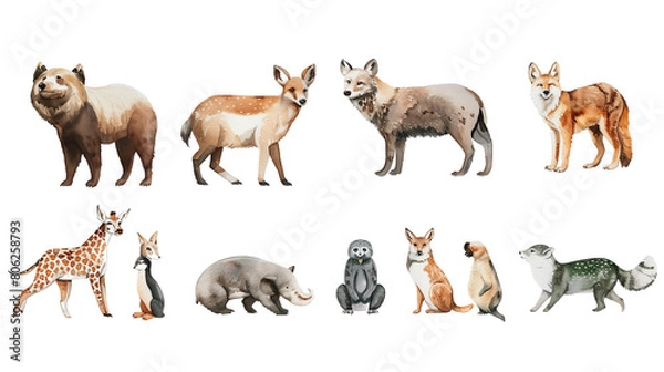 Fototapeta A group of animals including bears, wolves, foxes, raccoons, and a skunk.
