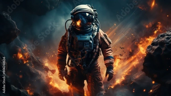 Fototapeta Astronaut in space suit and helmet against the background of burning planet.