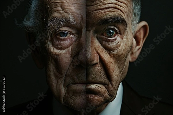 Fototapeta Dramatic split-face photo of an elderly man and his younger self, reflecting on past and present.