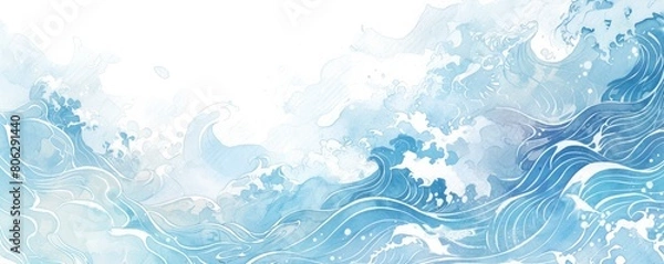 Obraz watercolor background with light blue water waves and traditional Japanese patterns, simple, minimalistic, white background