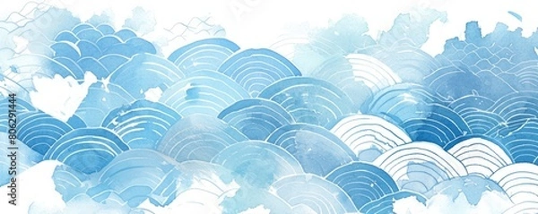 Fototapeta watercolor background with light blue water waves and traditional Japanese patterns, simple, minimalistic, white background