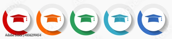 Fototapeta Graduation cap, education vector icon set, flat icons for logo design, webdesign and mobile applications, colorful round buttons