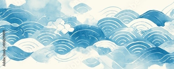 Obraz watercolor background with light blue water waves and traditional Japanese patterns, simple, minimalistic, white background