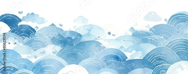 Fototapeta watercolor background with light blue water waves and traditional Japanese patterns, simple, minimalistic, white background