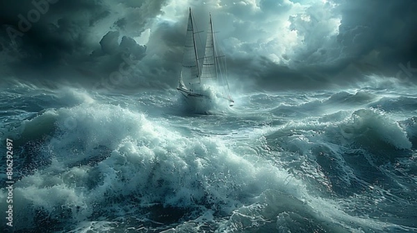 Fototapeta A sailboat navigating through choppy waters under a stormy sky.