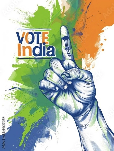 Fototapeta A hand with an inked finger, the Indian flag colors wave in the background with the text VOTE India