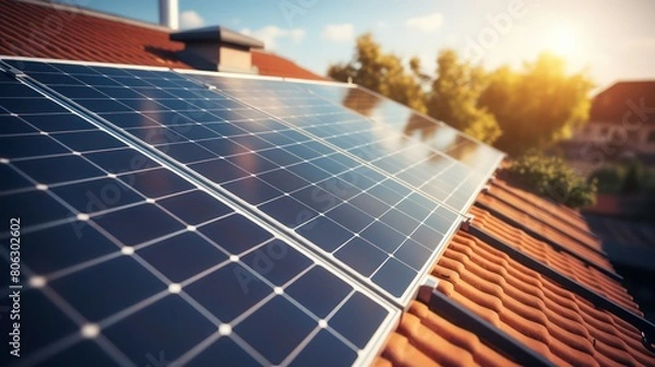 Obraz Solar panels installed on the roof of a house. Alternative energy source.