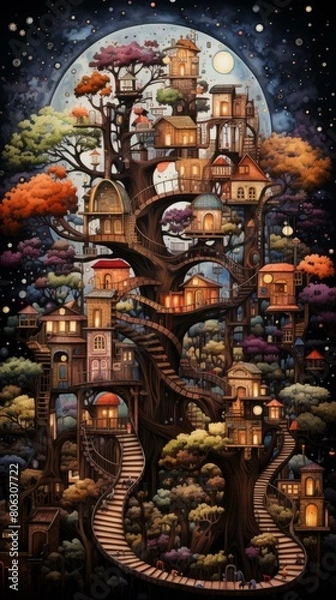 Fototapeta Whimsical Tree Village Nestled in a Magical Forest
