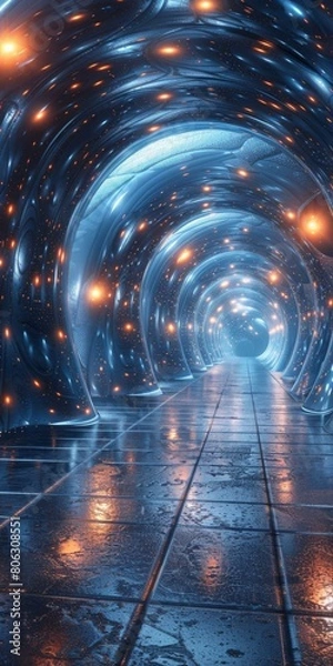 Fototapeta Blue and orange glowing futuristic sci-fi tunnel