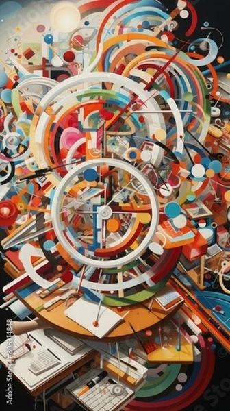 Fototapeta Colorful abstract painting with geometric shapes and a clock