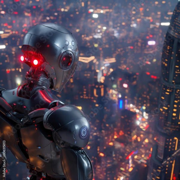 Fototapeta Robot (cyborg) looking over the city at night  while people are in rush for profit and salaries