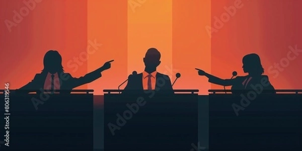 Obraz Blame and argument concept illustration, three politicians on the stage, two of them pointing fingers at the one sitting in the middle.