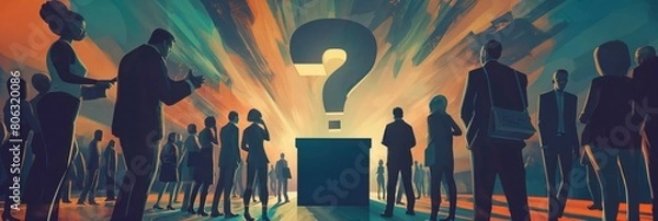 Obraz Crowd of curious voters gathered around the ballot box, awaiting the election results, big question mark in the background. Illustration of elections and democracy.