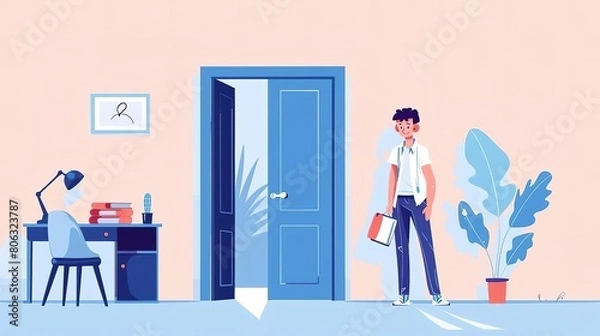 Fototapeta A young man stands in front of an open door. He is wearing a white shirt and blue pants. He has a briefcase in his hand. He is looking at the camera.