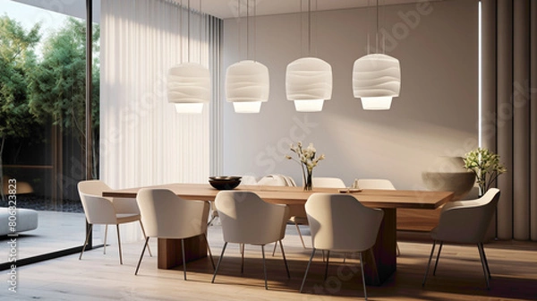Fototapeta A contemporary dining area featuring a sleek white dining chr and table, accented with minimalist decor and illuminated by a modern pendant light fixture