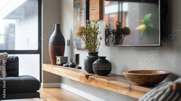 Fototapeta A contemporary living room featuring a wood floating shelf displaying curated artwork and decorative vases