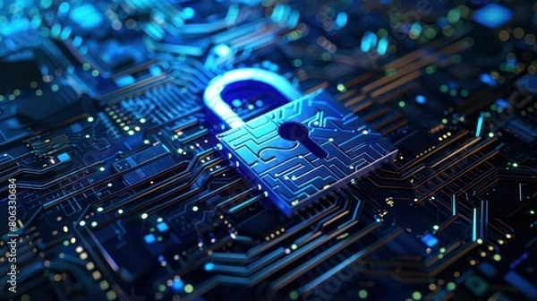 Fototapeta Close-up visualization of a secure digital lock on an electronic blue circuit board with glowing circuits