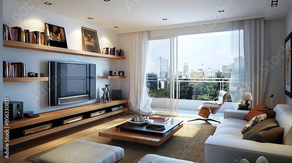 Fototapeta A modern living room boasting a stunning wood floating shelf, housing decorative objects and providing efficient storage
