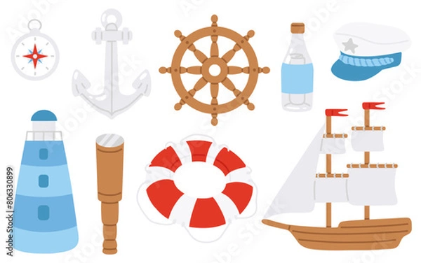 Fototapeta Vector illustration set of cute doodle captain tools for digital stamp,greeting card,sticker,icon,summer design