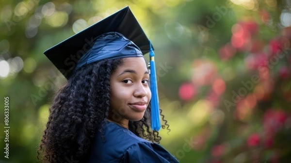 Fototapeta A reflective graduate with a sense of serenity and accomplishment framed against a natural green backdrop