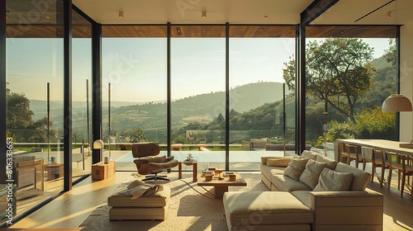 Obraz A modernist villa with floor-to-ceiling windows, set agnst a backdrop of rolling hills