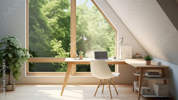 Fototapeta A serene study space with a minimalist white desk chr and a sleek writing table, bathed in natural light from a nearby window, providing an inspiring environment for creative work