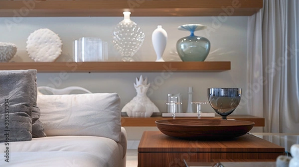 Fototapeta A sophisticated living room boasting a wood floating shelf showcasing elegant glassware and designer sculptures