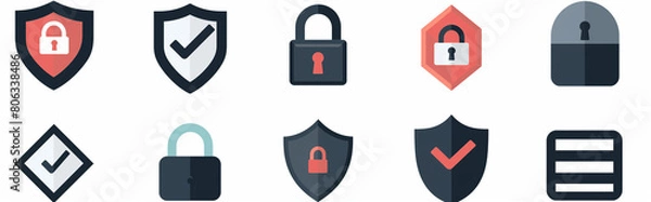Fototapeta A set of security icons, such as padlock and shield with check mark vector illustration on white background, simple design, flat icon style, minimalistic, black color palette, high contrast, no shadow