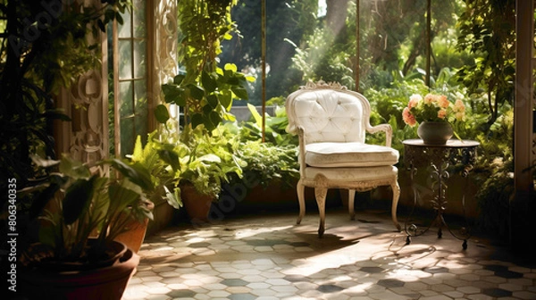 Fototapeta A tranquil corner of a garden room furnished with a vintage white wrought iron chr and a small mosc table, surrounded by lush foliage and dappled sunlight, offering a peaceful spot for contemplation