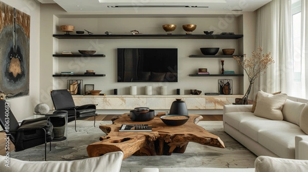 Fototapeta A vision of modern sophistication in a living room featuring a statement wood floating shelf, adorned with a carefully curated mix of artwork and decorative objects, surrounded b