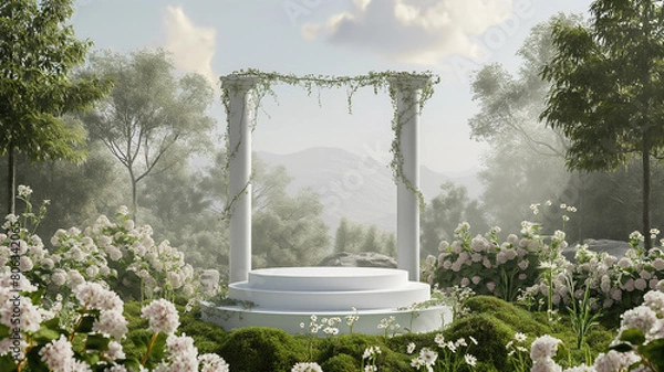 Obraz  spring summer landscape  garden podium backdrop with geometric arch greek and roman pole . colorful flowers and grass field ,Greek Roman stone gazebo in meadow and flowerbed