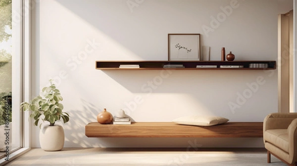 Fototapeta Revel in the understated luxury of a contemporary living space, featuring a wood floating shelf adorned with carefully curated objects that reflect personal style and taste