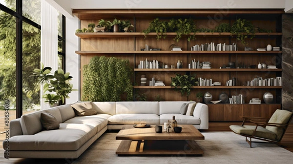 Fototapeta Step inside a modern sanctuary of comfort and sophistication, accentuated by a wood floating shelf adorned with tastefully curated decor pieces and lush greenery