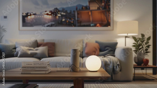 Fototapeta Step into a modern living room adorned with tasteful decor A large mock-up poster graces one wall, while a wooden coffee table features a stylish ball lamp, casting a warm glow and adding 